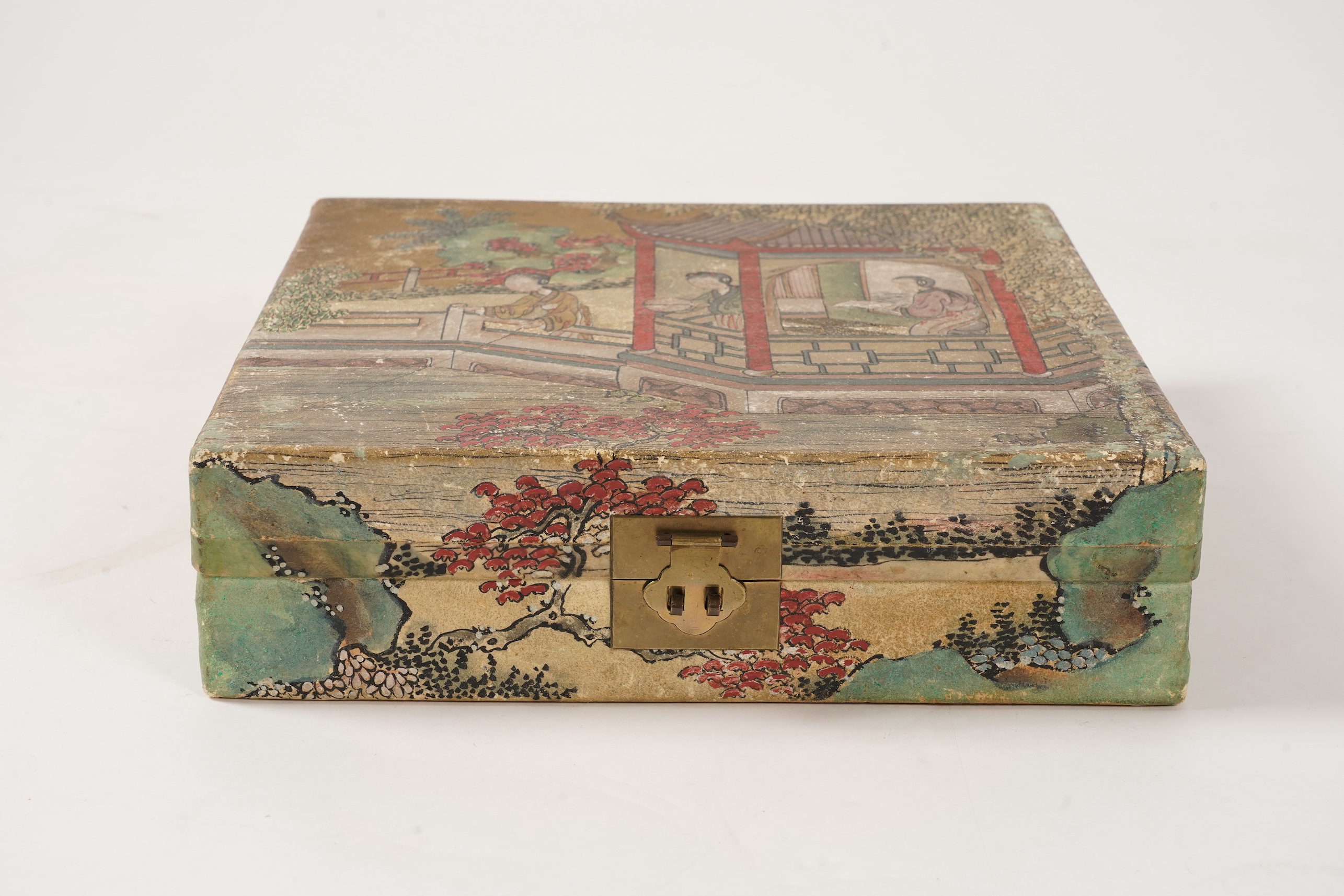A collection of 19th/20th century Chinese embroidered silk spectacle cases and various spectacles, Box 33cm square